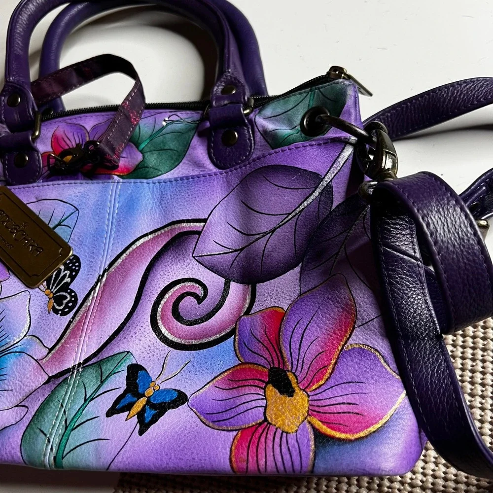 Anuschka Hand Painted Leather Satchel Purple Floral Butterfly Crossbody Bag